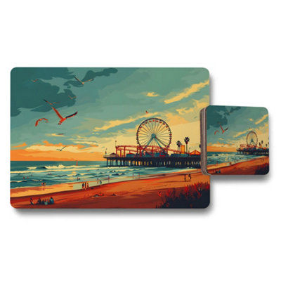 B&Q -  Sunset Pier Placemats And Coasters Set With Ferris Wheel Art