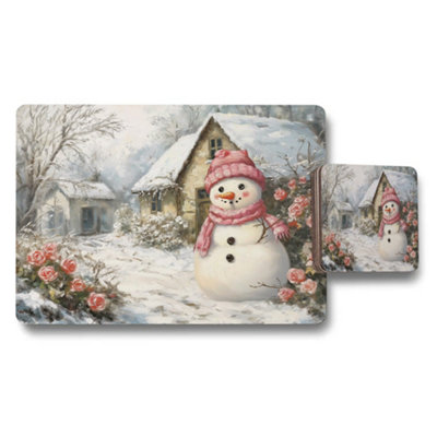 Benjamin Tate Design Winter Snowman Placemats And Coaster Set With Cozy Snowy Scene from B&Q