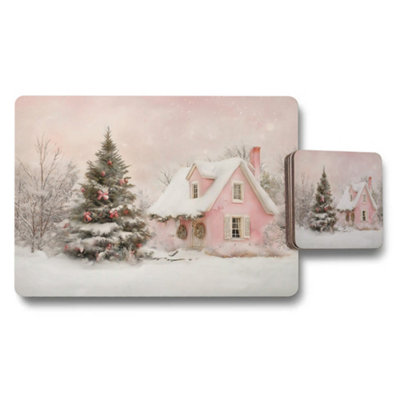 Benjamin Tate Design Pink Christmas Cottage Placemat And Coaster Set With Snowy Scene