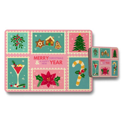 Benjamin Tate Design Christmas Placemats And Coaster Set With Holiday Patchwork Design from B&Q