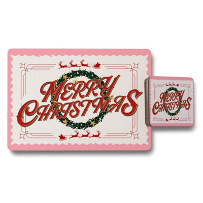 Benjamin Tate Design Merry Christmas Placemat And Coaster Set Pink Wreath Design from B&Q
