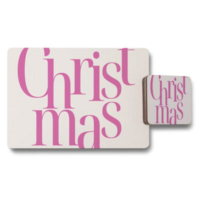 B&Q -  Christmas Placemats And Coaster Set Pink Typography Design