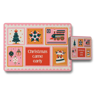 B&Q -  Pink Christmas Placemats And Coaster Set With Festive Illustrations