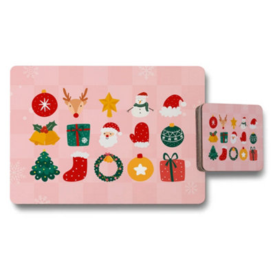 B&Q -  Christmas Placemats And Coaster Set With Festive Holiday Icons