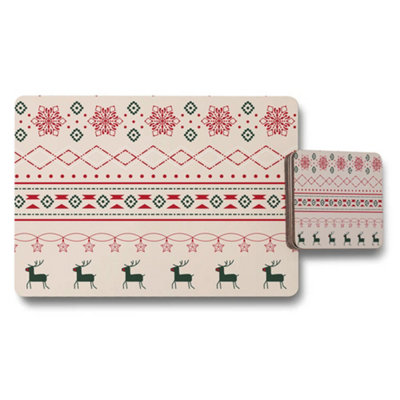 B&Q -  Christmas Placemats And Coaster Set With Reindeer Pattern