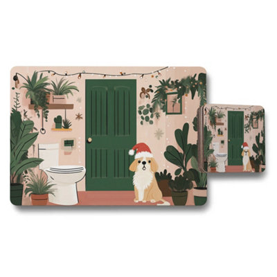 B&Q -  Christmas Dog Placemat And Coaster Set With Santa Hat Decor