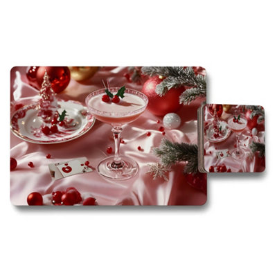 B&Q -  Christmas Placemat And Coaster Set With Red Holiday Theme