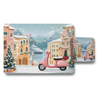 B&Q -  Winter Village Christmas Placemat And Coaster Set With Pink Scooter Decor
