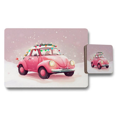 B&Q -  Pink Vintage Car Christmas Placemats And Coasters Set