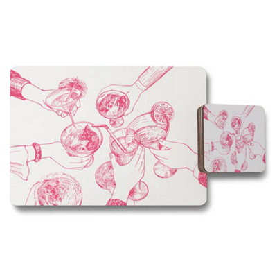 Benjamin Tate Design Pink Drink Toast Illustration Placemat And Coaster Set For Dining Table from B&Q