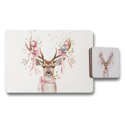 B&Q -  Watercolor Deer Placemat And Coaster Set With Pink Bow Decor