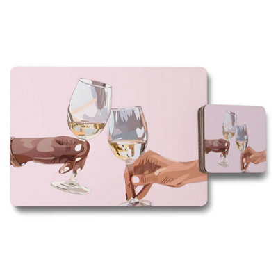 B&Q -  Wine Glass Toast Placemats And Coaster Set Pink Background
