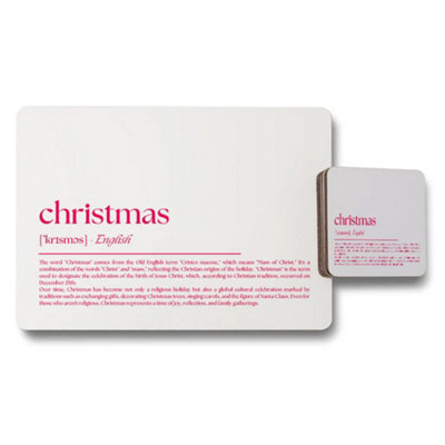 B&Q -  Christmas Placemats And Coaster Set With Pink Text Design