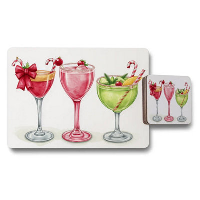 B&Q -  Cocktail Glasses Placemat And Coaster Set With Colorful Drink Artwork