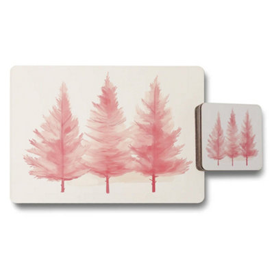 B&Q -  Pink Tree Watercolor Placemat And Coaster Set For Dining Table