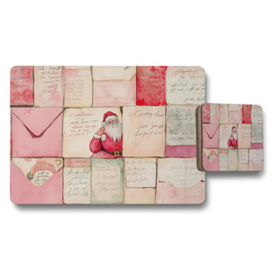 B&Q -  Christmas Santa Placemat And Coaster Set Pink Mosaic Design