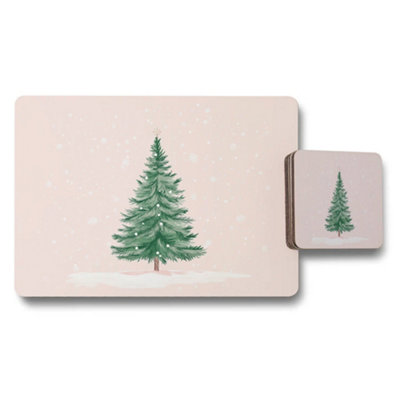 B&Q -  Christmas Tree Placemat And Coaster Set Pink Snowfall Design