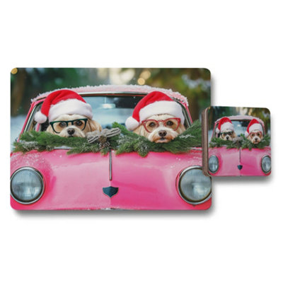B&Q -  Dogs In Santa Hats In Pink Car Placemat And Coaster Set