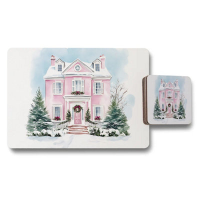 Benjamin Tate Design Pink Winter House Placemat And Coaster Set With Snowy Scene from B&Q