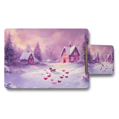 B&Q -  Winter Village Placemat And Coaster Set With Heart Trail In Snow