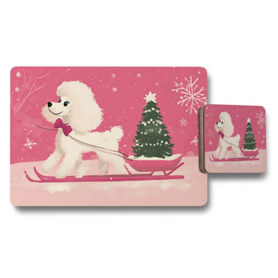 Benjamin Tate Design Pink Winter Poodle Placemat And Coaster Set With Christmas Tree from B&Q