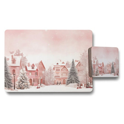 B&Q -  Winter Village Pink Placemats And Coaster Set For Holiday Table Decor