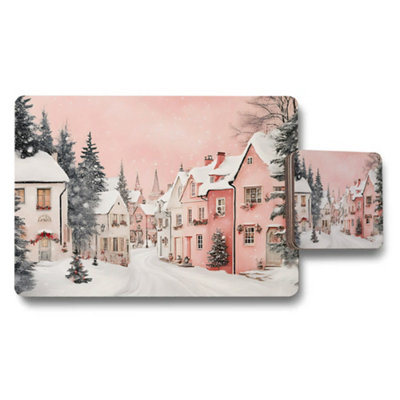 B&Q -  Winter Village Pink Snow Placemats And Coaster Set