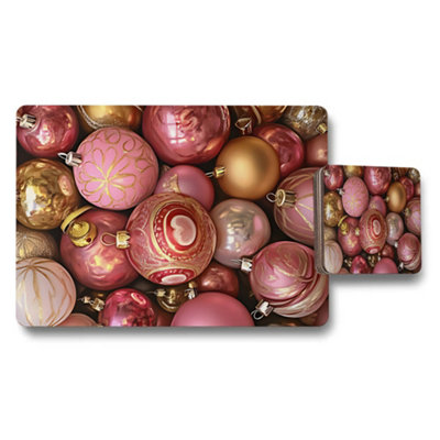 B&Q -  Pink Christmas Ornament Placemats And Coaster Set For Holiday Table