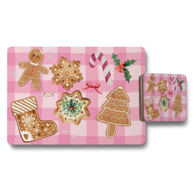 B&Q -  Pink Christmas Placemat And Coaster Set With Gingerbread Cookies