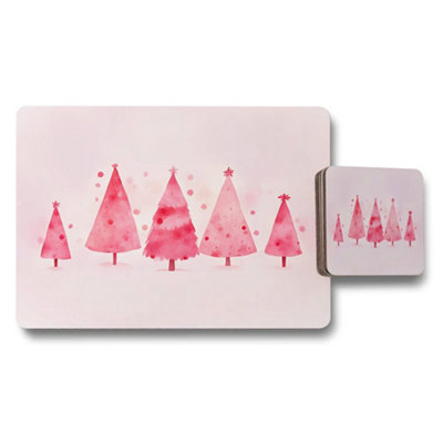 B&Q -  Pink Watercolor Christmas Tree Placemats And Coaster Set