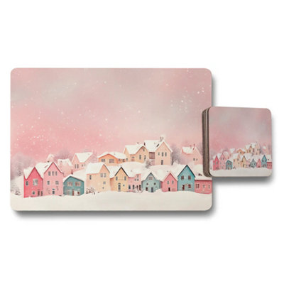 B&Q -  Pastel Winter Village Placemat And Coaster Set With Snowy Scene