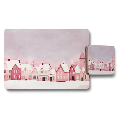 B&Q -  Soft Pink Winter Village Placemat And Coaster Set For Dining Tables