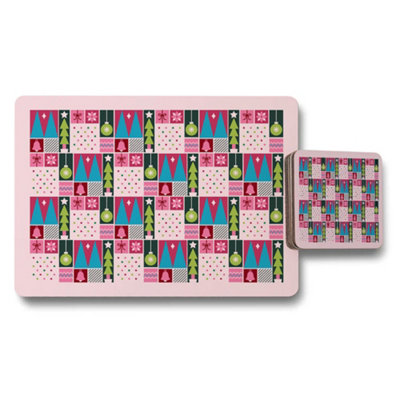 B&Q -  Pink Christmas Placemat Coaster Set With Festive Geometric Pattern