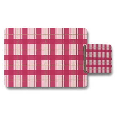 B&Q -  Pink Plaid Placemat And Coaster Set With Gold Accents For Dining Table