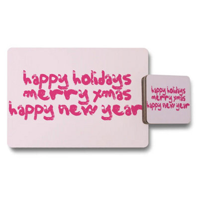 Benjamin Tate Design Pink Holiday Placemats And Coaster Set Merry Xmas Happy New Year from B&Q