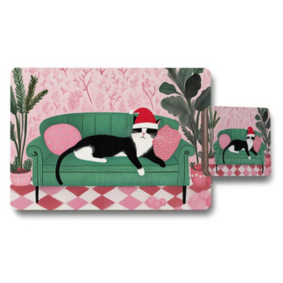 B&Q -  Santa Cat Placemat And Coaster Set With Green Sofa Design