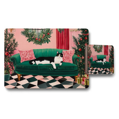 B&Q -  Cat On Green Velvet Sofa Placemat Coaster Set Christmas Decor