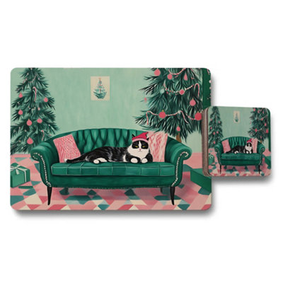 B&Q -  Christmas Cat Sofa Placemat And Coaster Set With Festive Trees