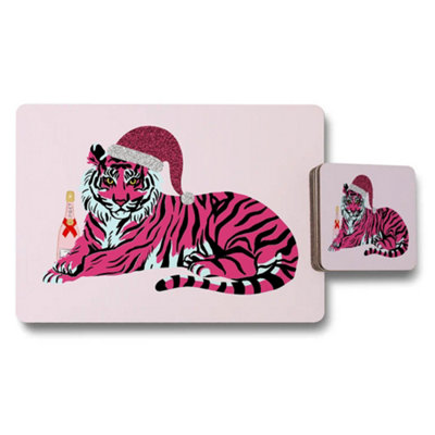 B&Q -  Pink Tiger Christmas Placemat And Coaster Set With Santa Hat