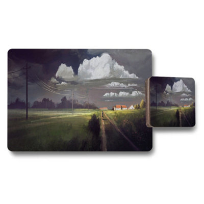 B&Q -  Rural Landscape Placemats And Coaster Set With Farmhouse Scene