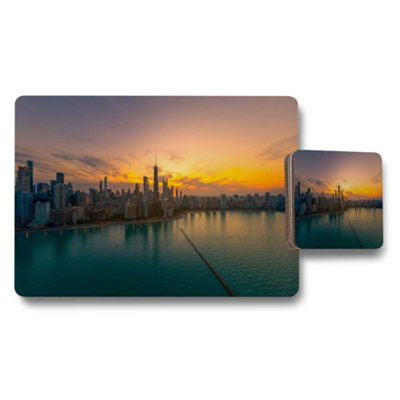 Benjamin Tate Design City Skyline Sunset Placemat And Coaster Set With Waterfront View from B&Q