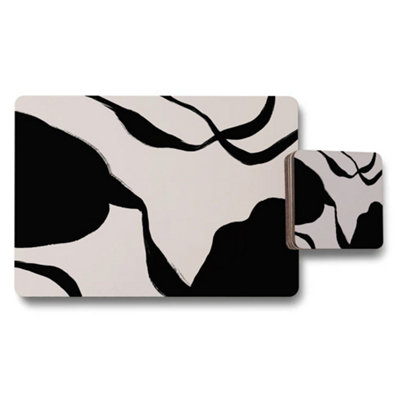 B&Q -  Abstract Black And Beige Placemat And Coaster Set For Modern Tables