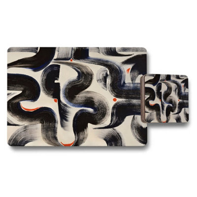 Benjamin Tate Design Abstract Brush Stroke Placemat And Coaster Set In Black White from B&Q
