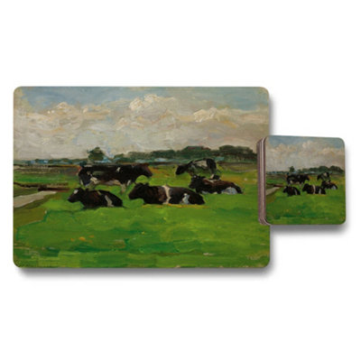 B&Q -  Horses Resting In Green Meadow Impressionist Landscape Placemat And Coaster Set