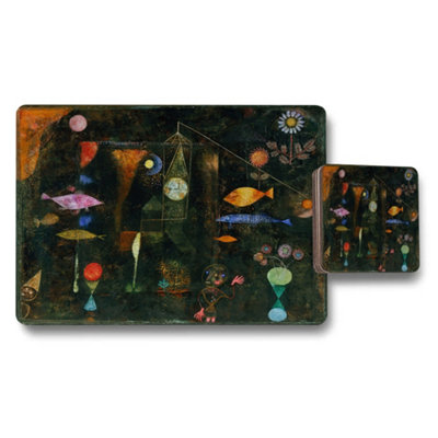 B&Q -  Abstract Fish Art Placemat And Coaster Set With Dark Gallery Theme