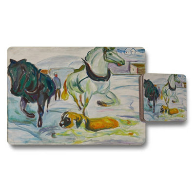 B&Q -  Horse Scene Placemat Coaster Set In Winter Snow Art