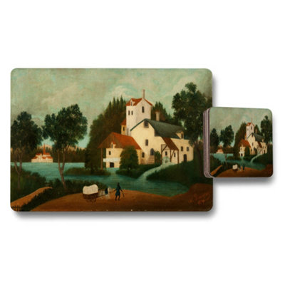 B&Q -  Scenic Village Landscape Placemat And Coaster Set Featuring River Scene