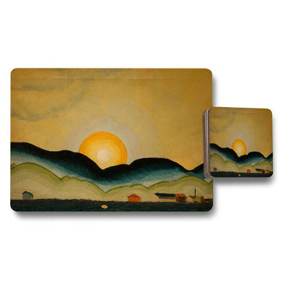 B&Q -  Sunset Landscape Placemat And Coaster Set With Village Silhouette