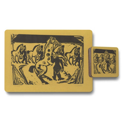 B&Q -  Vintage Woodblock Horse Scene Placemat Coaster Set Yellow