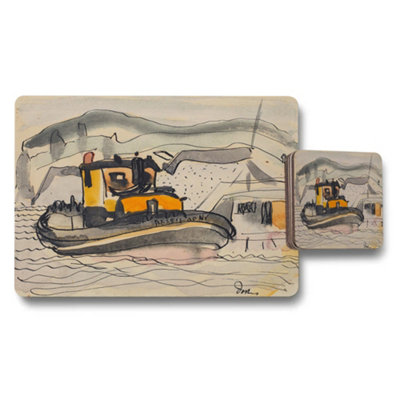 Benjamin Tate Design Tugboat Harbor Scene Placemat And Coaster Set Artwork from B&Q